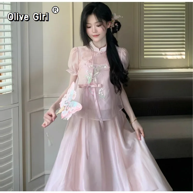 

Женский комплект: топ с вышивкой розовыми цветами и короткая юбка, традиционная китайская одежда для молодых девушек, весна-лето 2026, премиум-класс