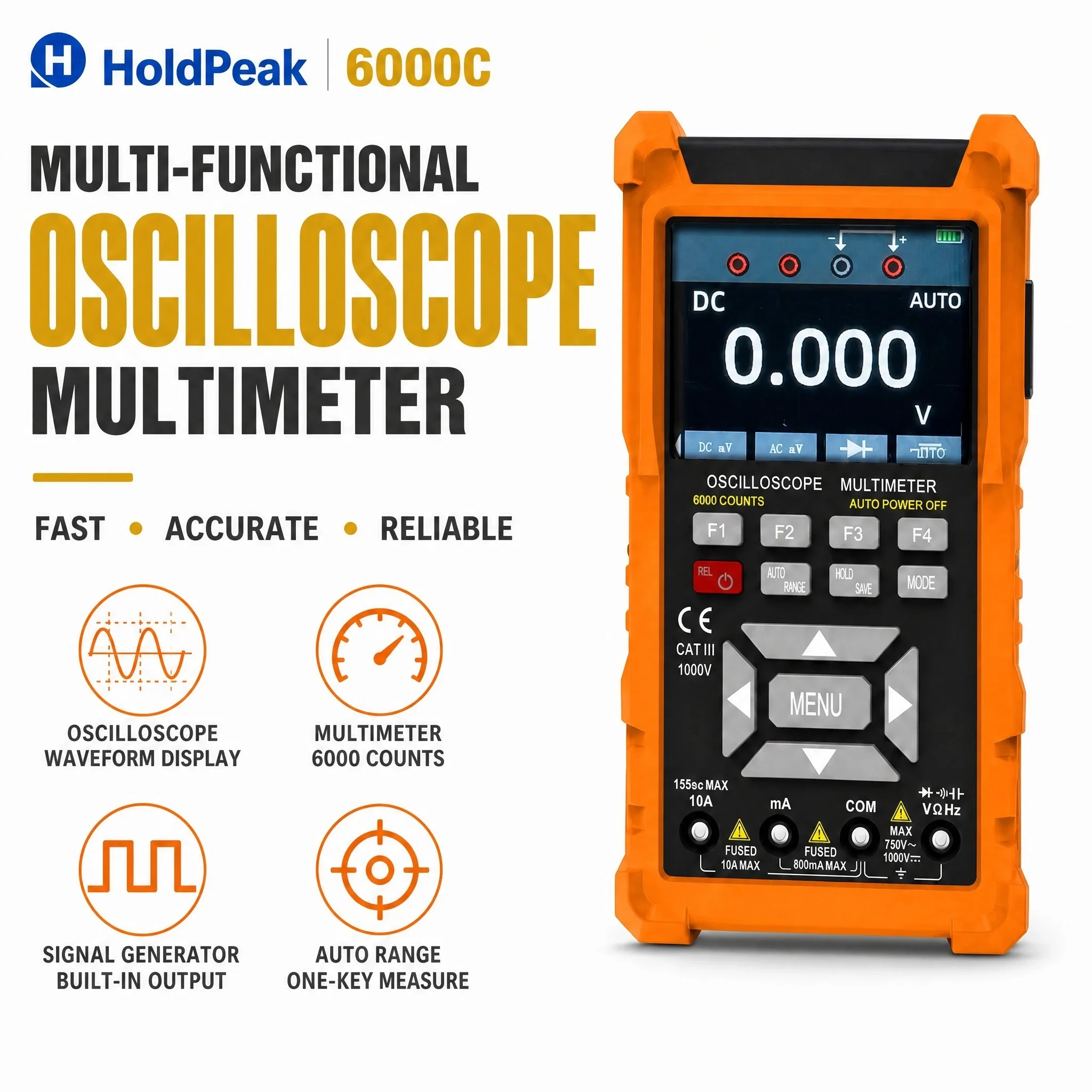 Handheld 3-in-1 Oscilloscope Multimeter Generator 50MHz 280MSa/s 6000Counts True RMS IPS 128Kpts 2-Channel for Automotive Tester