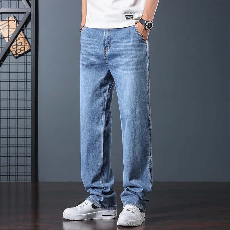 

Men's Summer Thin Jeans Spring and summer loose wide leg blue jeans for men American retro high street jeans Large size 28-44
