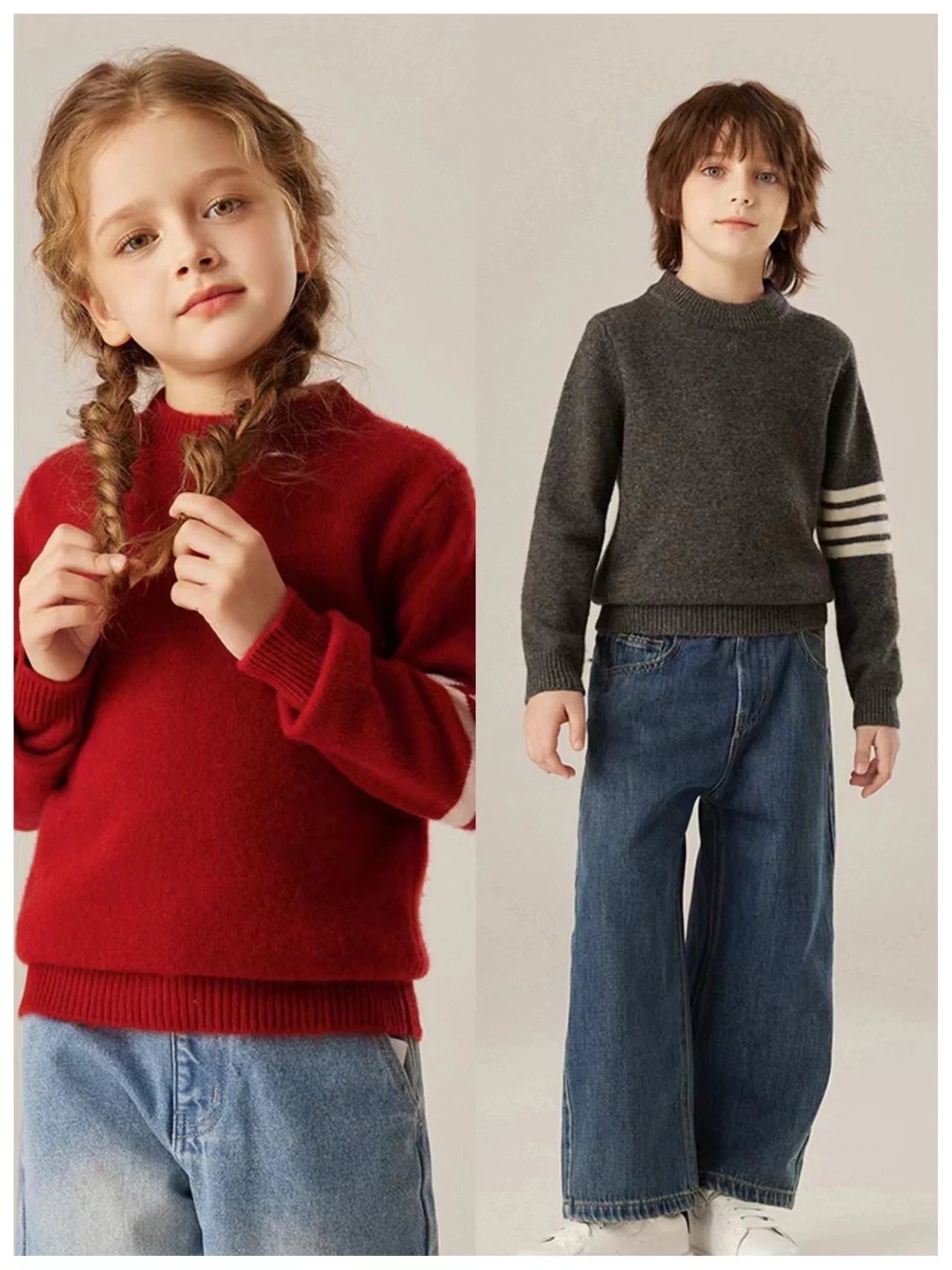 Children's 100% Cashmere Sweater Mock Necl Striped Thick Pullover Autumn Winter Boy Girl Cashmere Knit Jumper Kids Clothes Top