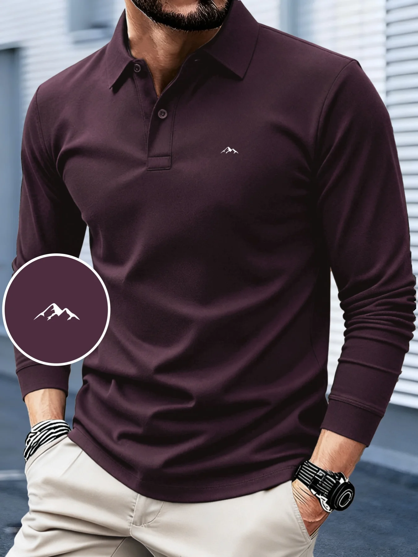 Men Autumn Winter Long‑Sleeve Polo Shirt Simple Fashion Print Turn‑Down Collar Top Color‑block Design High‑Grade Casual