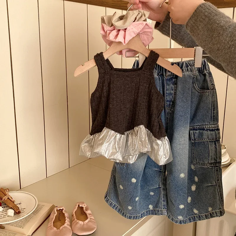 Childrens Set 2025 Spring New Vest Patchwork Bud Camisole Polka Dot Loose Wide Leg Jeans Girls Clothes Kids Two Piece Sets