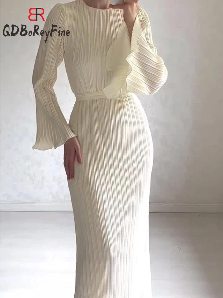 Eleganckie sukienka plisowana damska biurowa, damska z długim rękawem Sexy Vestidos De Mujer czarne sukienka urodzinowa na imprezę Maxi dla kobiet