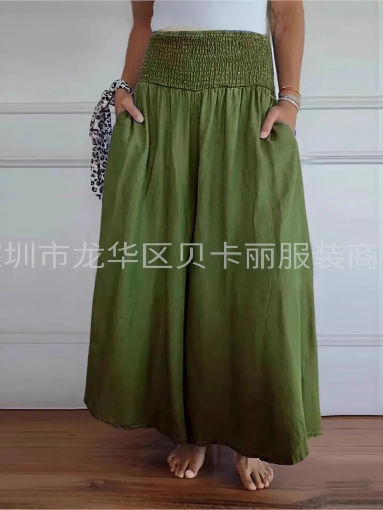 2025 Summer New Women's Solid Color Wide Leg Pants Fashionable And Casual Drawstring Pants Elastic Waistband Pocket Loose Pants