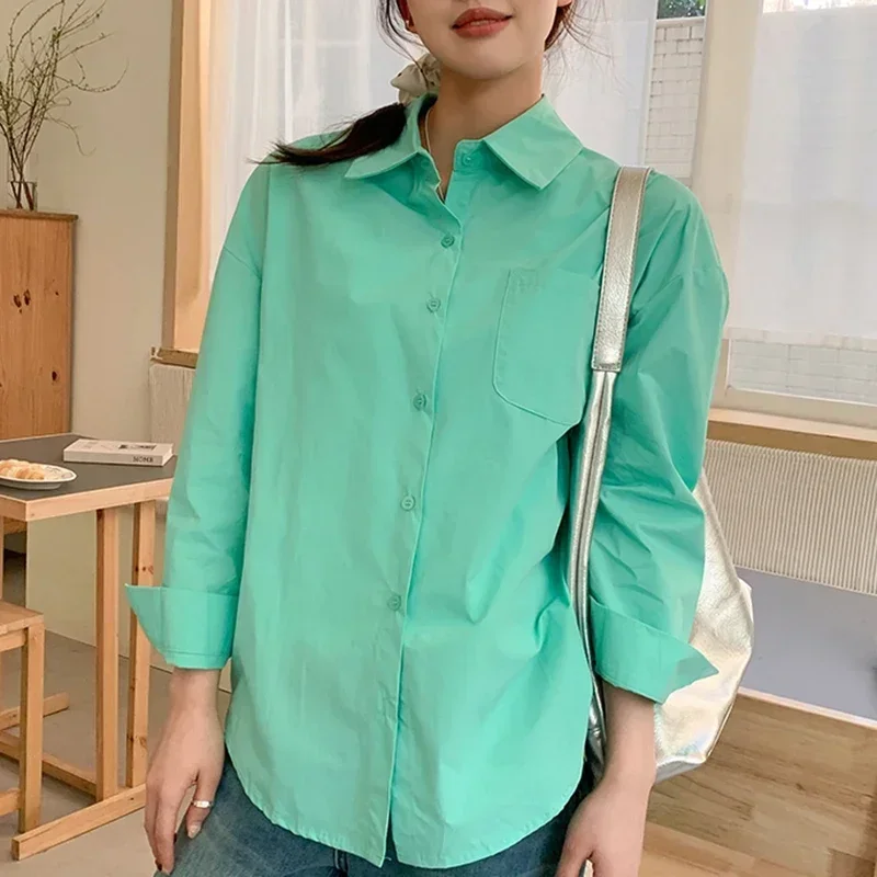 Kobiety Wiosna Jesień Koreańska Bawełniana Bluzka Moda Odzież Luźne Koszule Lady Casual Długi Rękaw Kołnierzyk Zapinany na Guziki Mujer