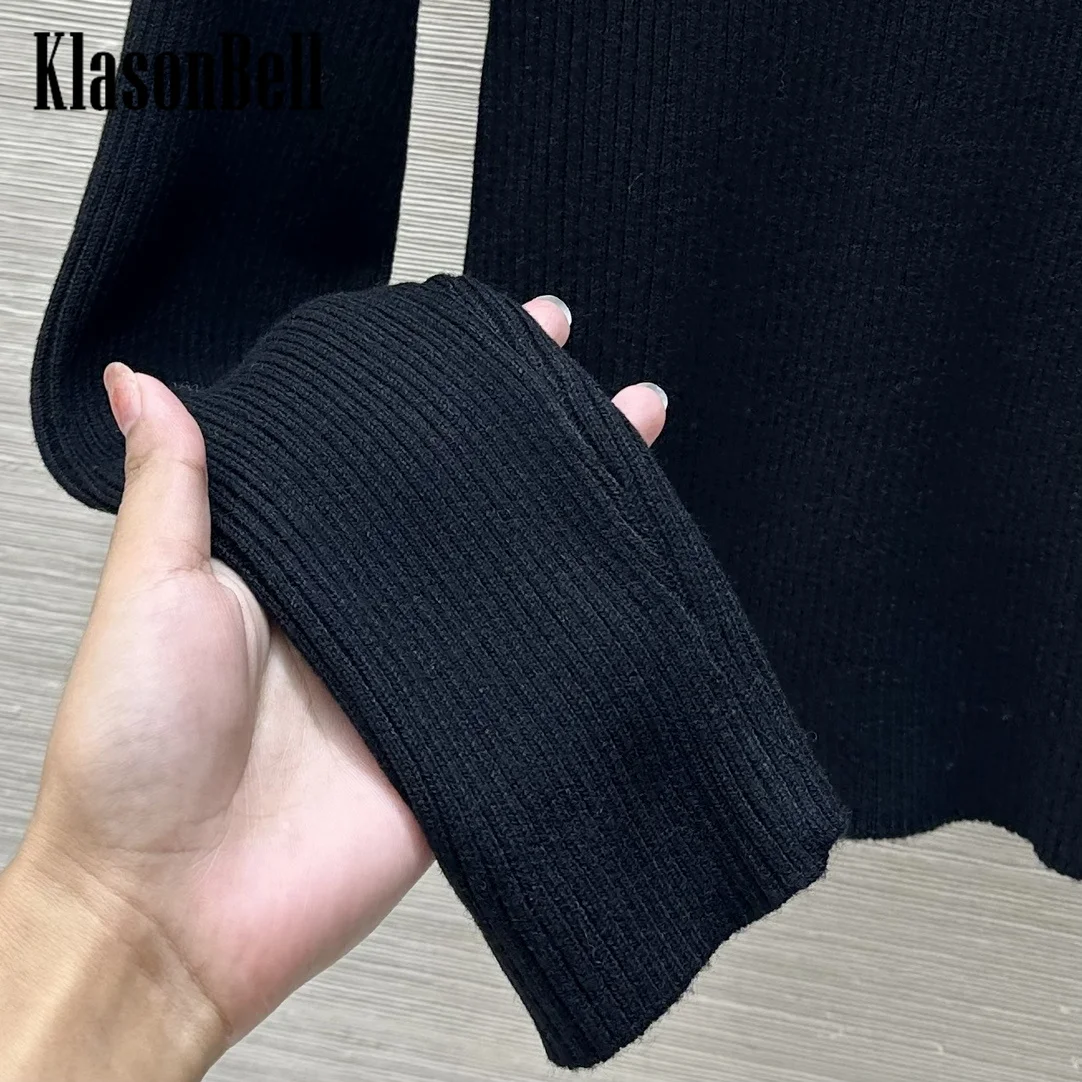 9.28 KlasonBell Fashion Sexy Lace Spliced Deep V-Neck Slim Knitwear Black All-matches Subcoating Wool Sweater Women