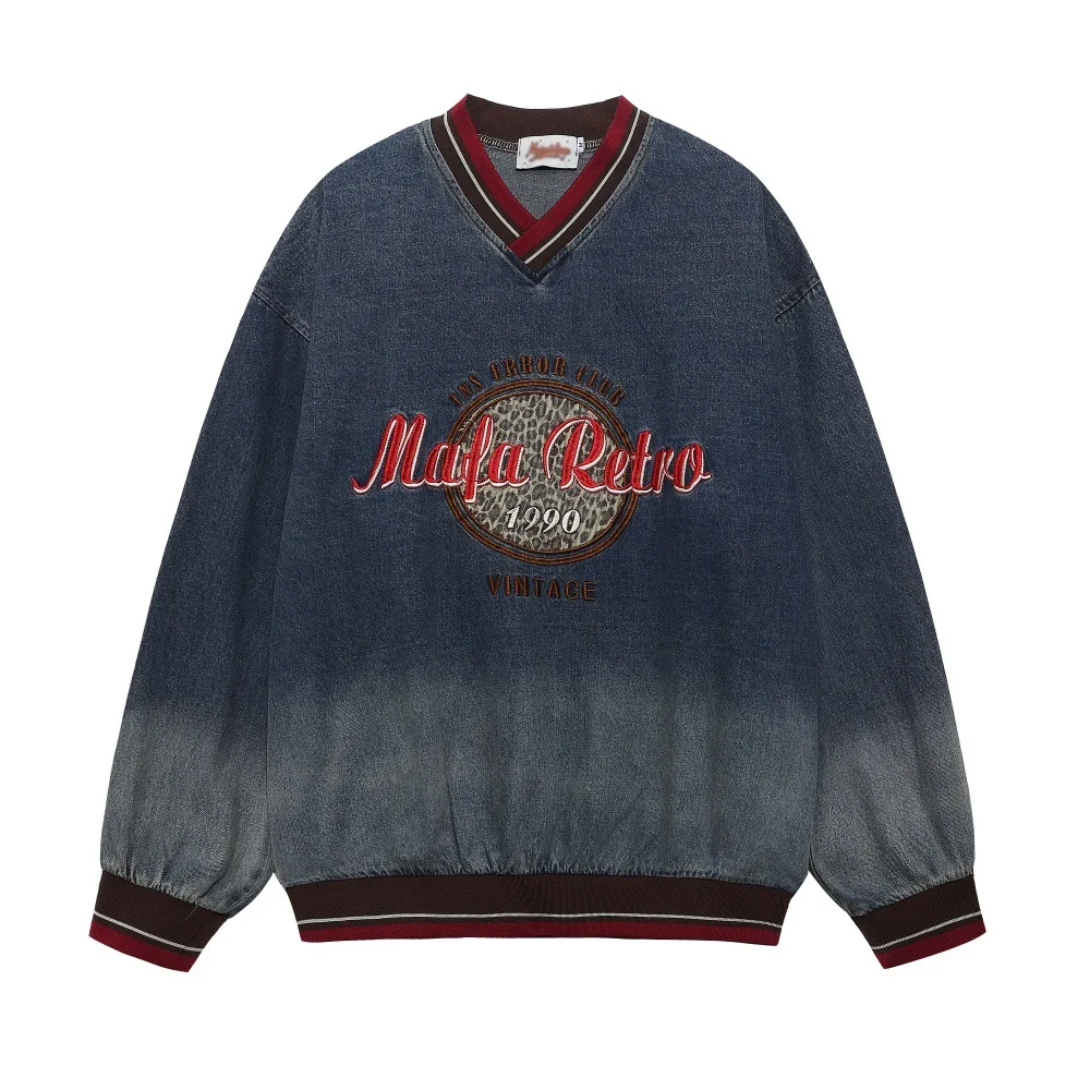 Washed gradient denim V-neck sweatshirt for men, casual European and American retro letter embroidery distressed pullover top