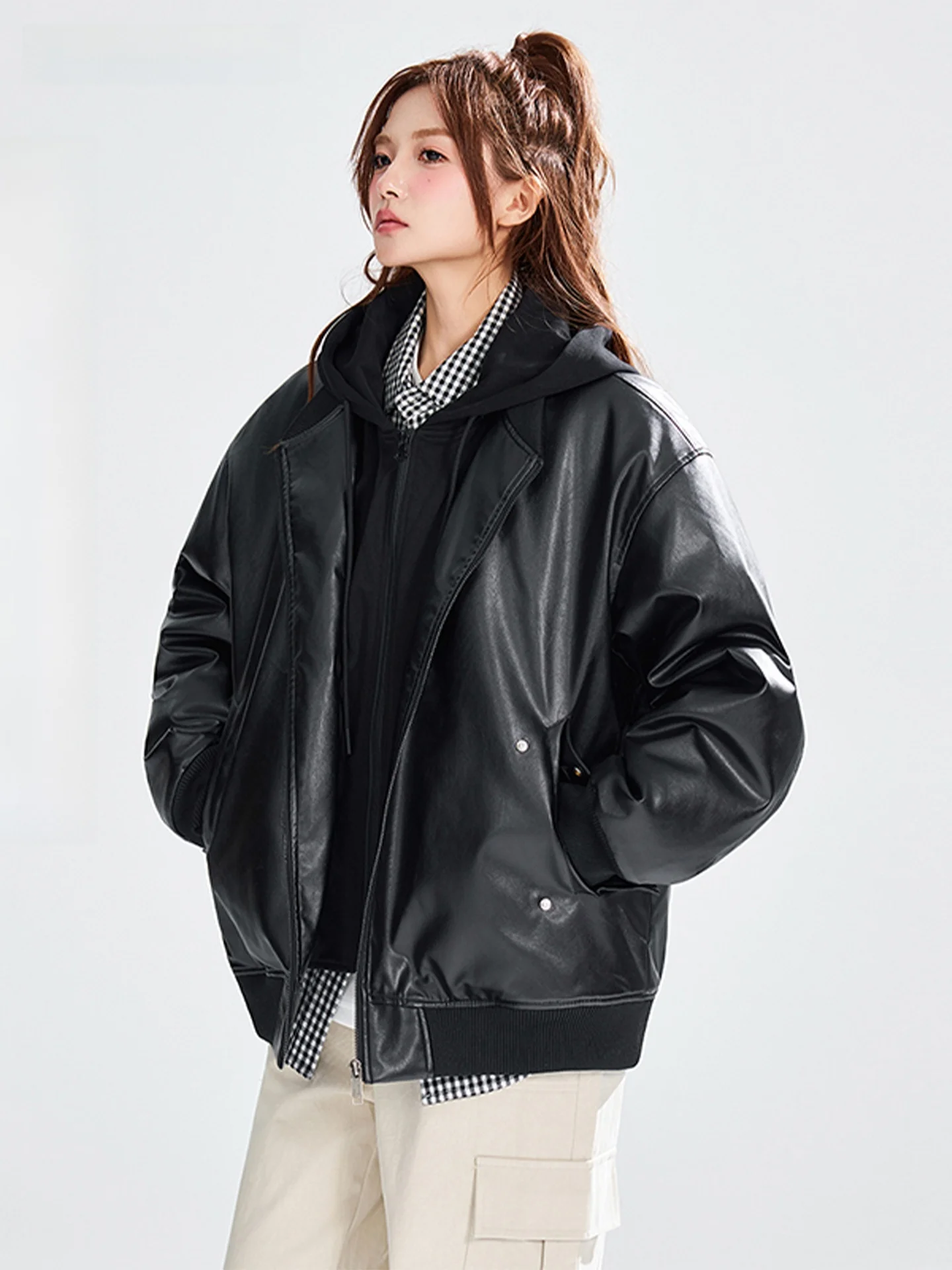 

VIIOW Winter American High Street Folded Design PU Leather Cotton Jaet Men's Trendy Loose Motorcycle Jaet Outerwear