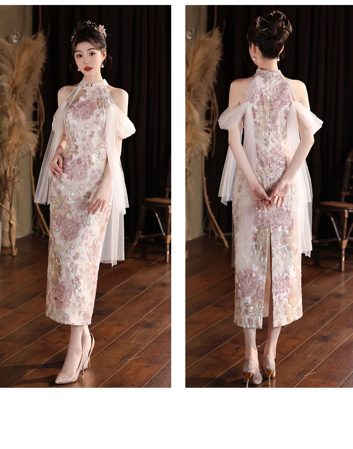 

2025 New Chinese Style Wedding Dress Halter Floral Print Lace Embroidery Mermaid Party Dress Light Luxury Princess Prom Dress