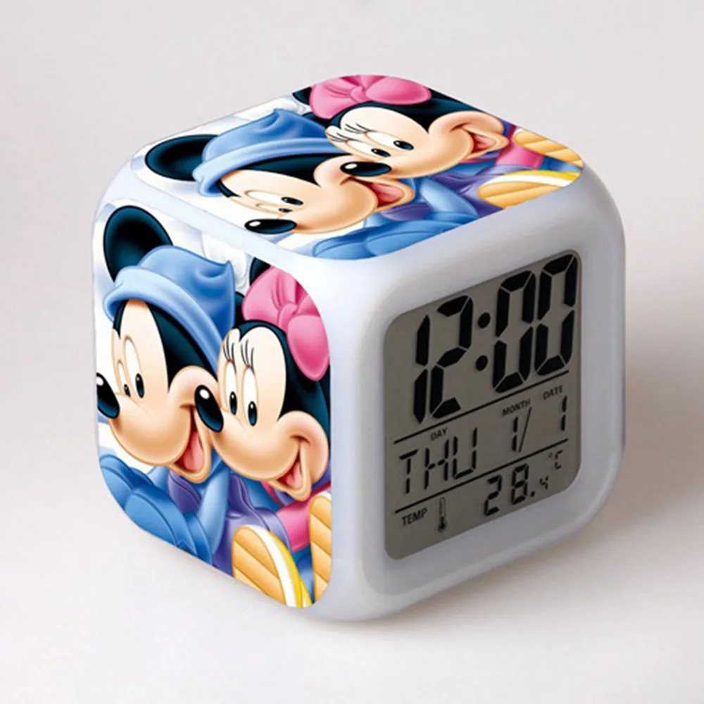 Hot Disney Mickey Minnie Cartoon Colorful Color Changing Electronic Square Children's Led Alarm Clock Kids Great Gift Fashion