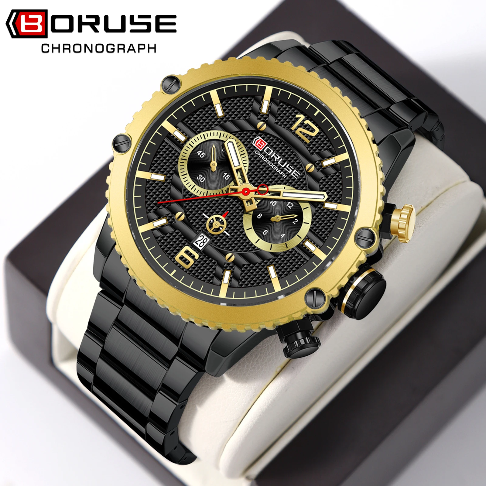 BORUSE New Luxury Men Chronograph Quartz Watches Waterproof Calendar Man Business Stainless Steel Sport Watch for Men Clock