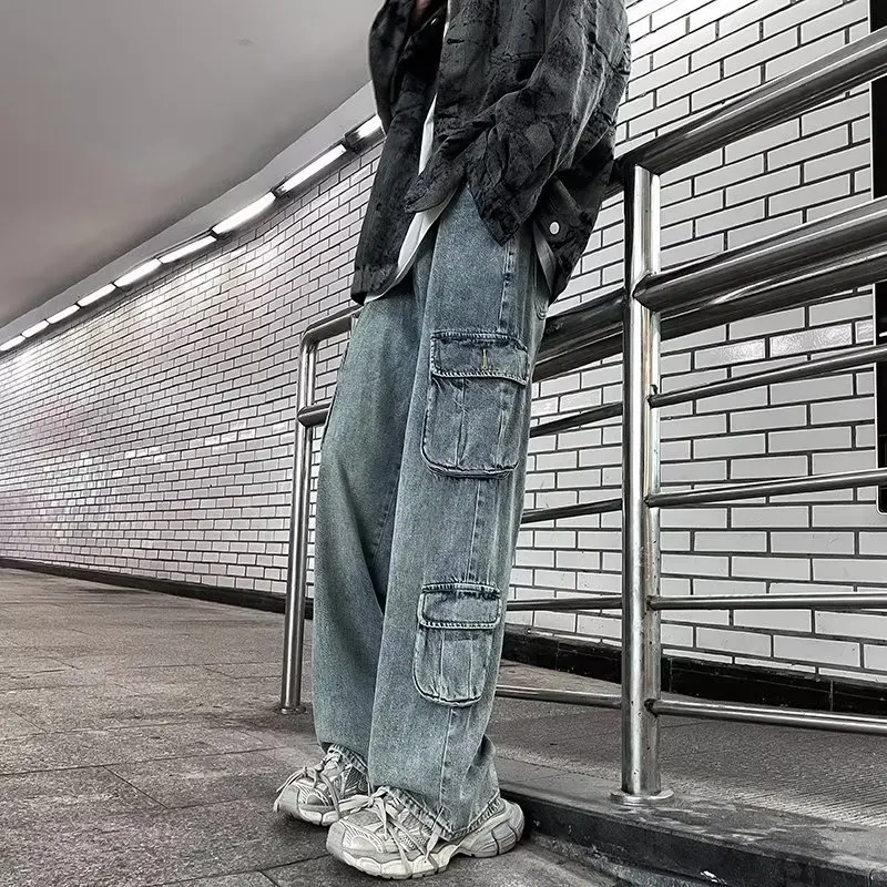 

2025 new high street washing old American straight-leg work jeans hip-hop retro loose casual floor-mopping trousers
