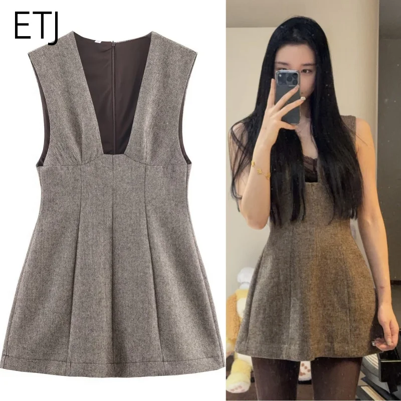ETJ 2025 Damen Winter neues Kleid Mode tiefer V-Ausschnitt ärmelloses kurzes Kleid aus gemischtem Stoff exquisites Pendeln