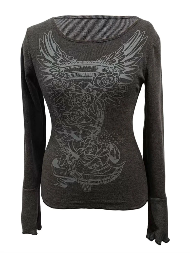 المرأة تي شيرت خمر زهرة طباعة كم طويل طاقم الرقبة سليم صالح القمم قمصان الخريف عادية Y2K الملابس الجمالية