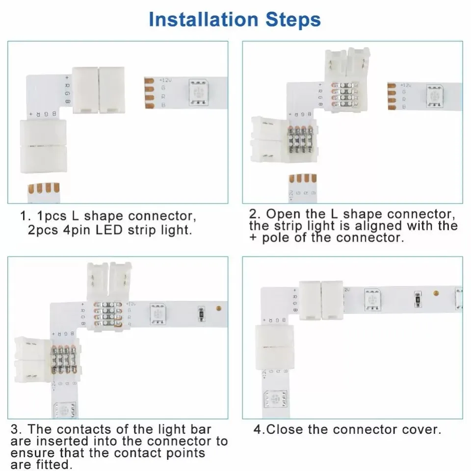 3528 5050 LED 스트립 커넥터 클립온 커플러, 무납땜 용접 코너 PCB T L 커넥터, 2 핀 3 핀 4 핀 8mm 10mm, 5 개