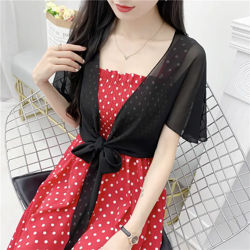 Korean Solid Chiffon Transparent Sunscreen Shawl Women\'s Summer Air Conditioning Blouses Bow Neck Guard Cloak Sun Silk Scarf R17