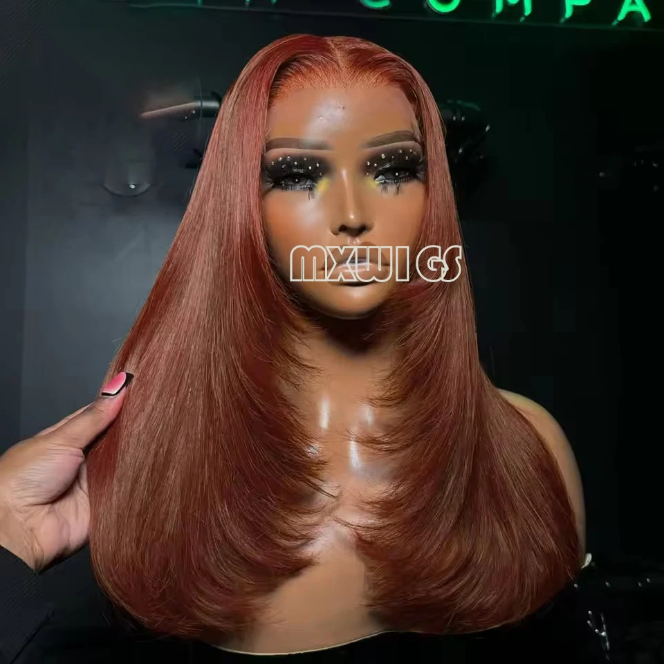 

MXWIG Synthetic Hair 13X4 Copper Red Straight Layered Lace Front Wigs For Women Copper Red Pre Plucked Lace Frontal Wig Glueless