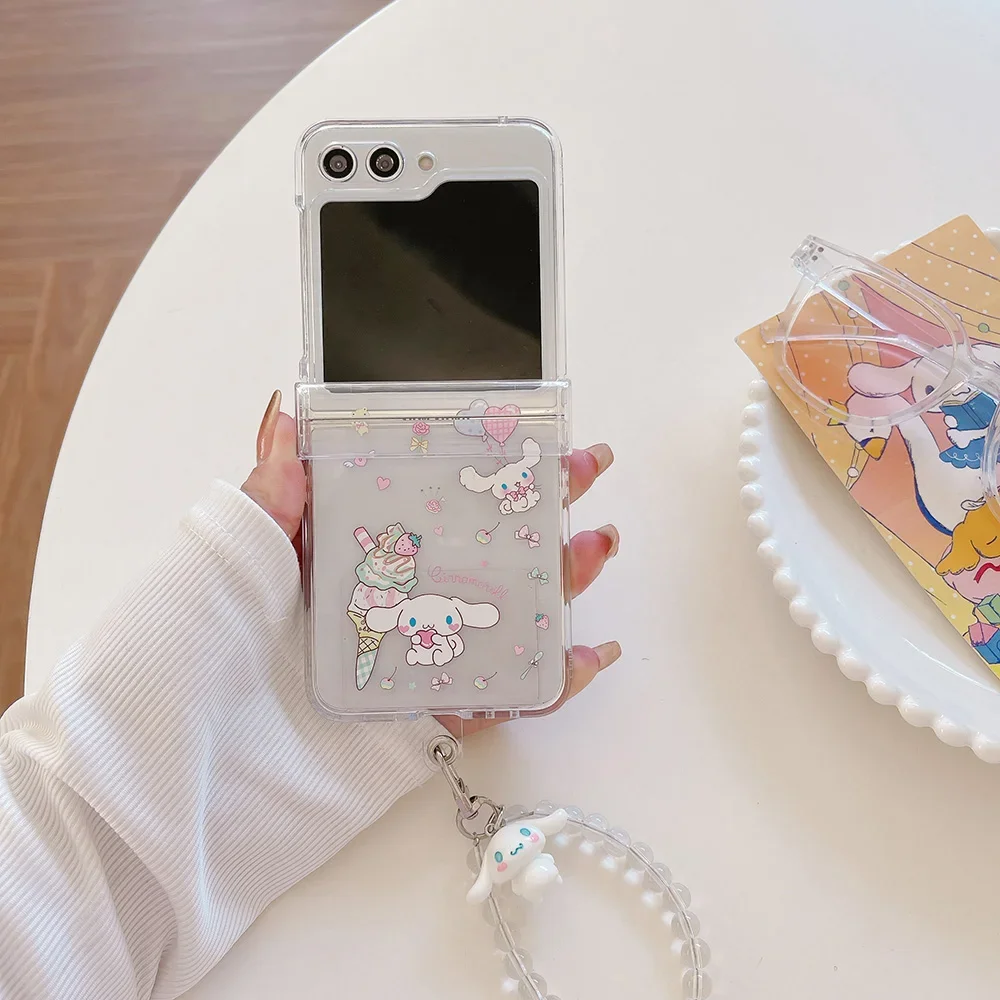 Etui na telefon Kawaii Cinnamoroll z bransoletką do Samsung Galaxy Z Flip 3 4 5 Z Flip 6 5G PC Hard Anti-fall Back Cover Transparent