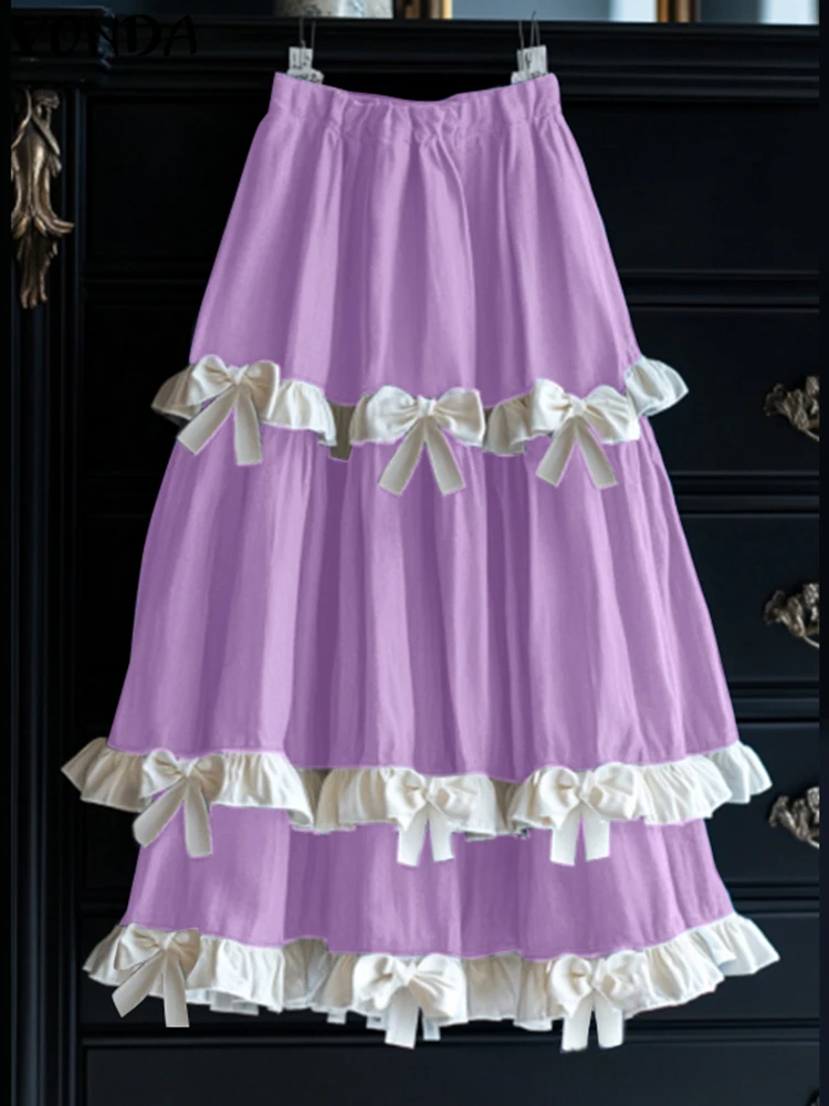 

2025 VONDA Bohemian Women Maxi Skirts Fashion Bow Sweet Casual Loose Long Skirt Autumn High Elastic Waist Casual Ruffled Faldas