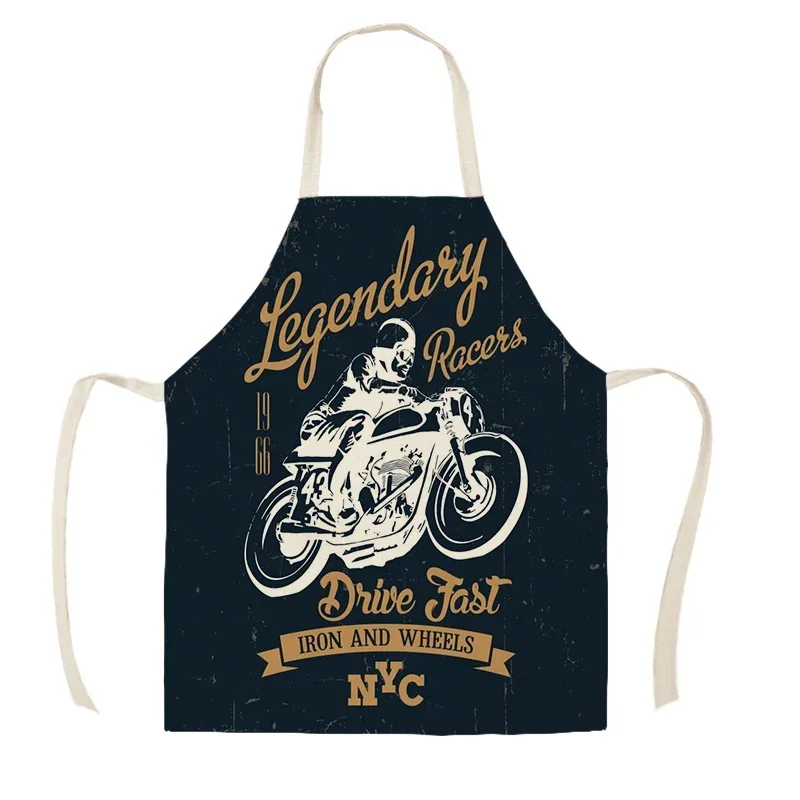 Delantal de cocina con estampado de letras para hombre, Mandil de lino y algodón con póster de motocicleta, herramientas de limpieza del hogar