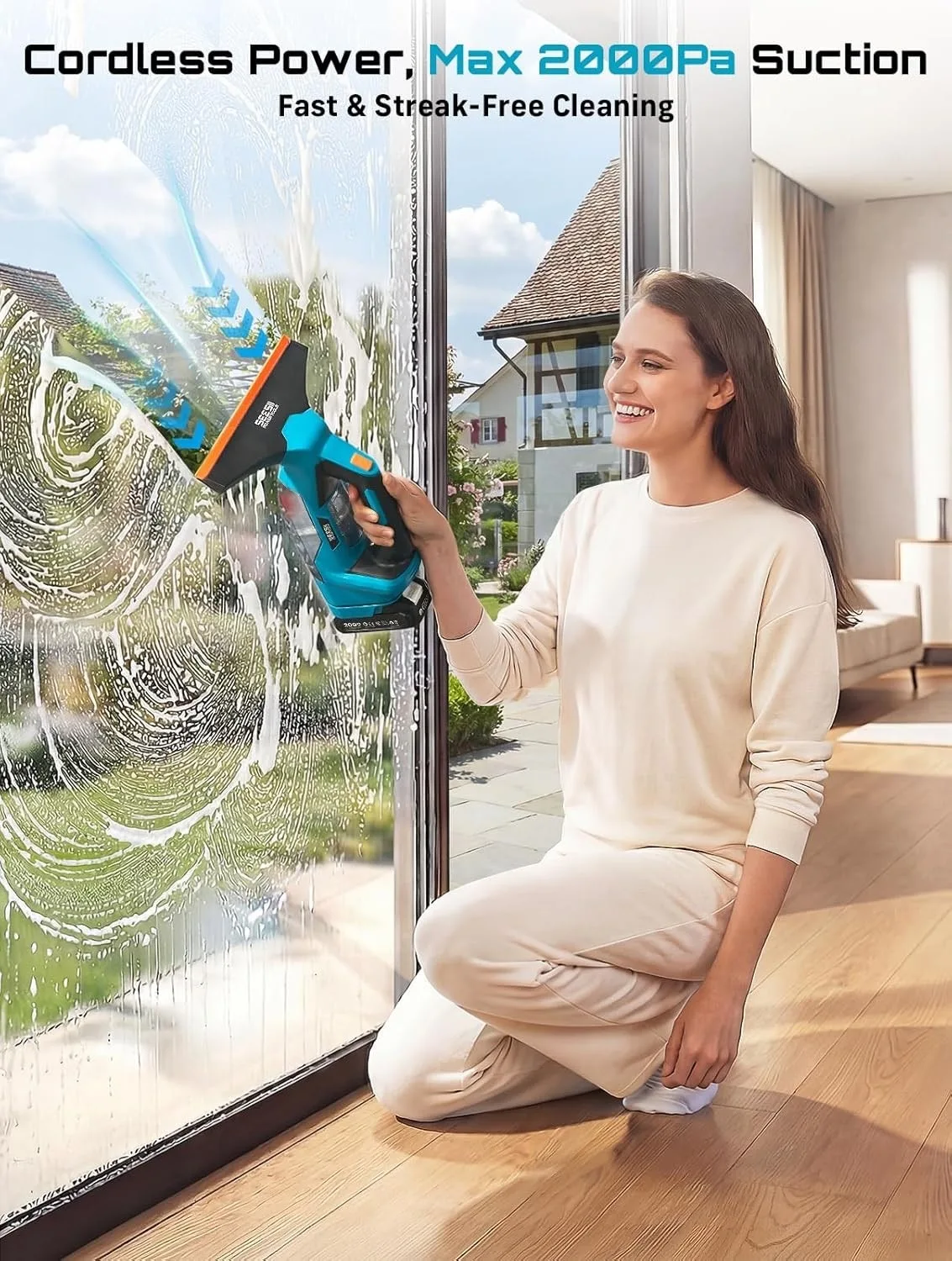 SEESII Cordless Window Vacuum Cleaner 2000mAh Battery 2 Suction Nozzles 28-17cm Window Vacuum Cleaner 2000Pa 150 ml Removable Tank Multifunctional Electric Cordless Window Cleaner Machine for Windows Tiles and Mirrors