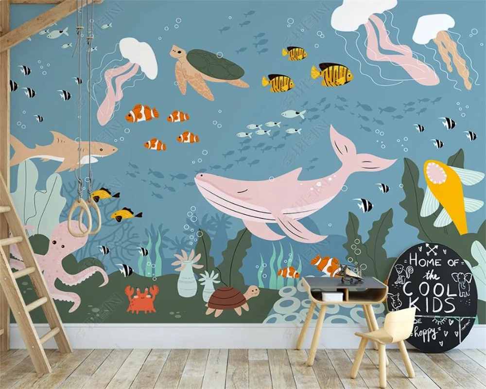 

beibehang Customized modern latest Nordic hand drawn cartoon whale tropical fish children's room background wallpaper