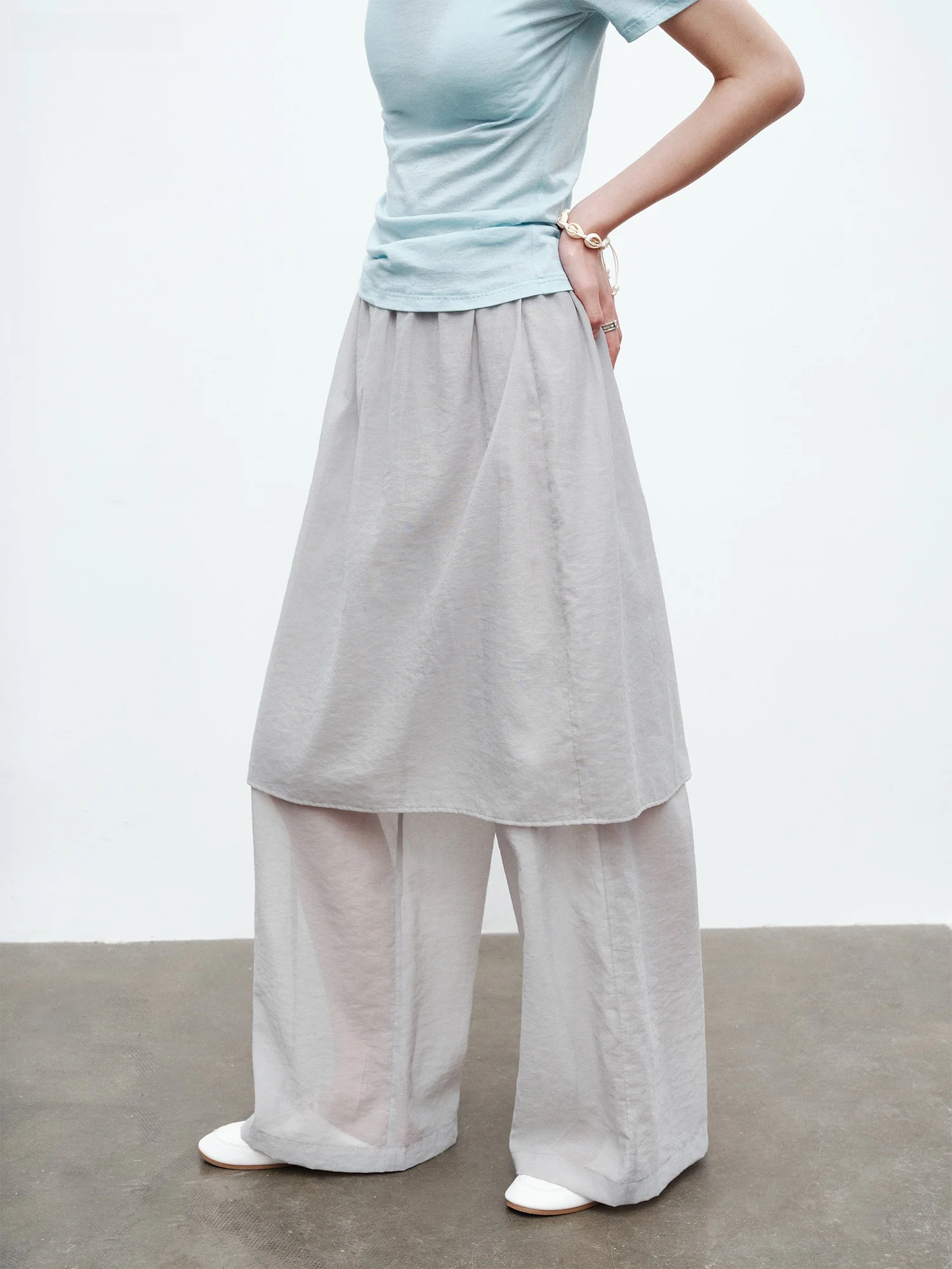 SHKUCO Grey Texture Layered Cotton Nylon Mesh Elastic Waist Removable Two Piece Skirt Pants Women's Casual Loose Fit Summer