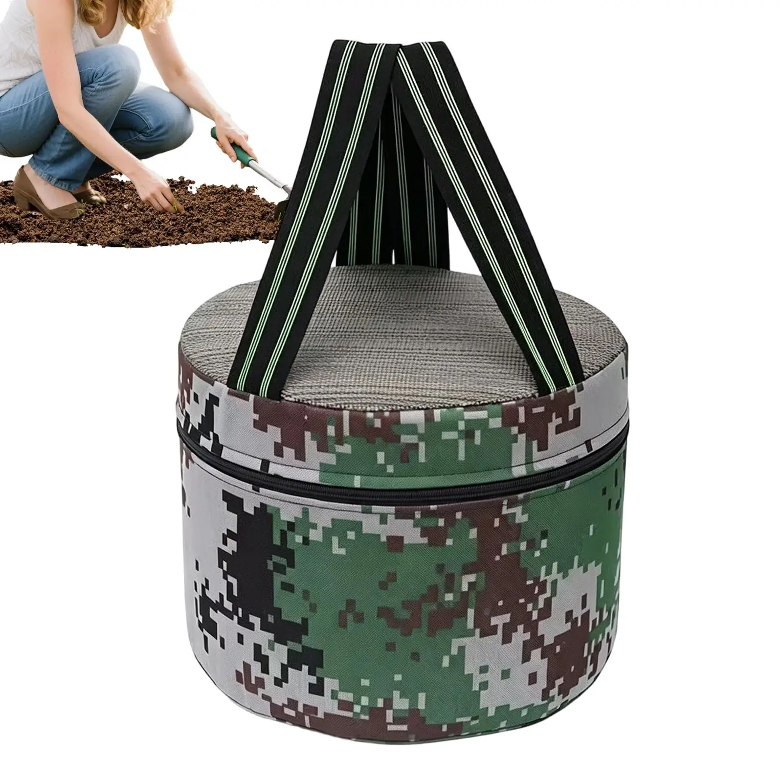 Portable Farming Stool Camouflage with Phone Pouch Round Lightweight Workseat Bench Chair for Fishing Tea Picking Gardening