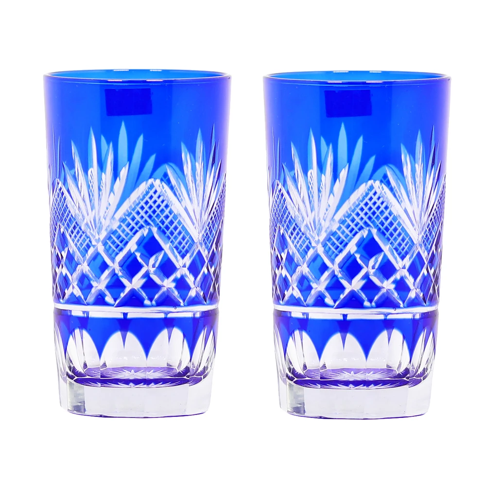 

2 Pieces Blue Japanese Edo Kiriko Hand Cut To Clear Wine Glass Tumbler 180ml/6oz