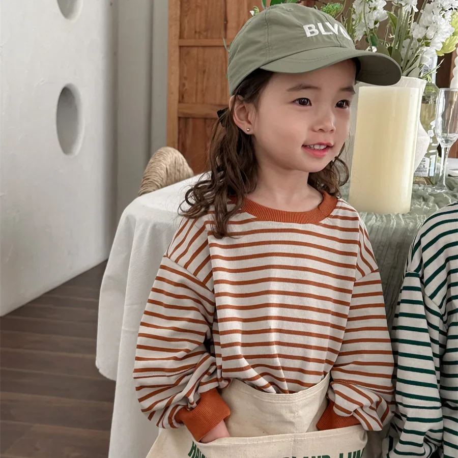 2024 Spring Summer New Baby Stripe Long Sleeve Sweatshirt Korean Fashion Boys Clothes Girls Casual Tops Children Cotton Pullover