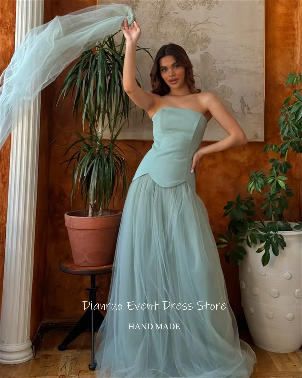 فساتين سهرة Dianruo برباط من التل طويلة الطول بدون حمالات رداء Soirées أشرطة A Line فستان حفلات الزفاف مخصص