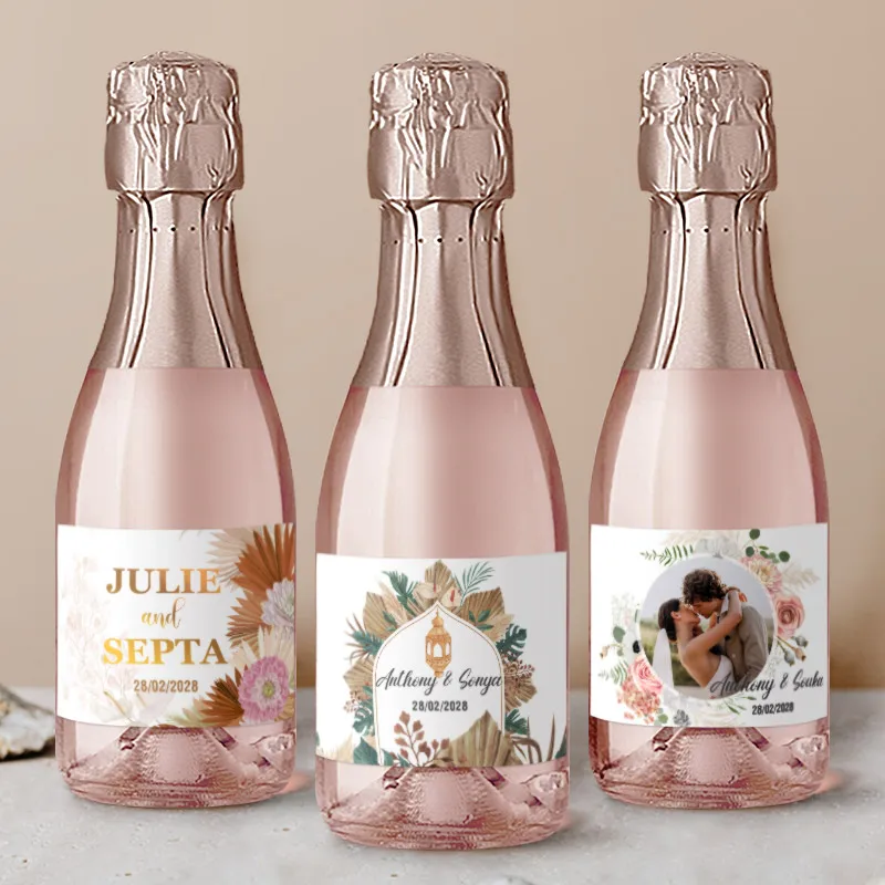 Foto di nozze personalizzate Mini adesivi Champagne battesimo anniversario di compleanno adesivo personalizzato etichette per bottiglie di vino per