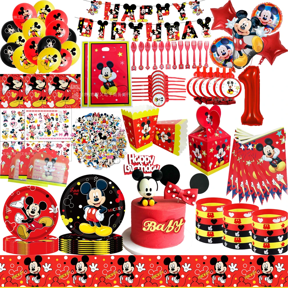 Suprimentos para festa de aniversário do mickey mouse, talheres descartáveis, prato de papel, balão de presente para crianças, decorações de festa de chá de bebê