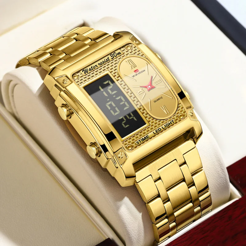 Luxury Square Men's Watches Multifunctional Luminous Double Screen Digital Quartz Watch Steel Strap Waterproof Wristwatches