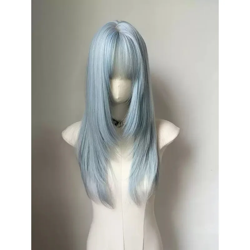 Ash Blue Long Straight Wig Blunt Bangs High Layered Cut Lolita Y2K Punk Style Synthetic Hair Wig Cosplay Daily with Wig Cap