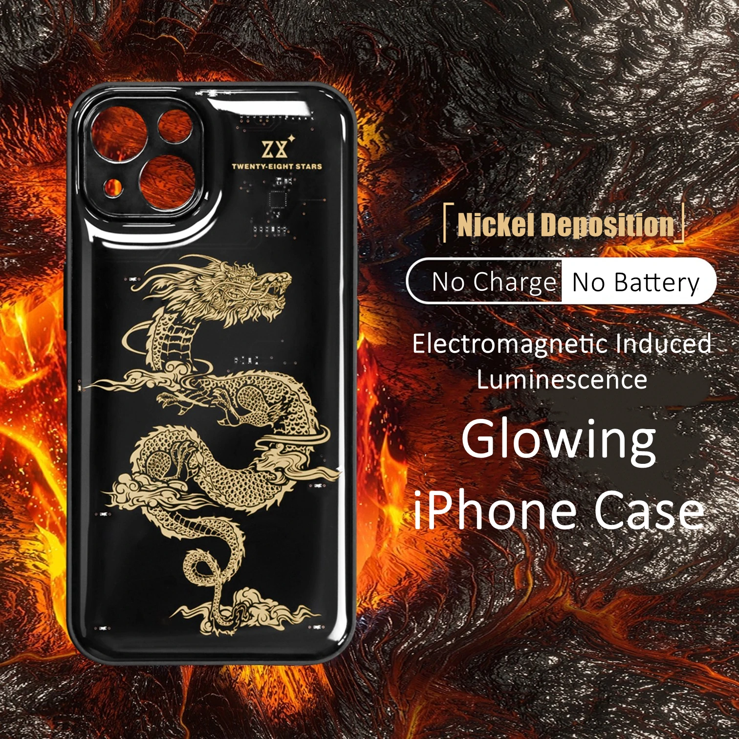 Luxury Chinese Dragon Electromagnetic Induced Luminescence LED Glow Nickel Deposition Pattern Resin iPhone 13 14 Pro Max Case