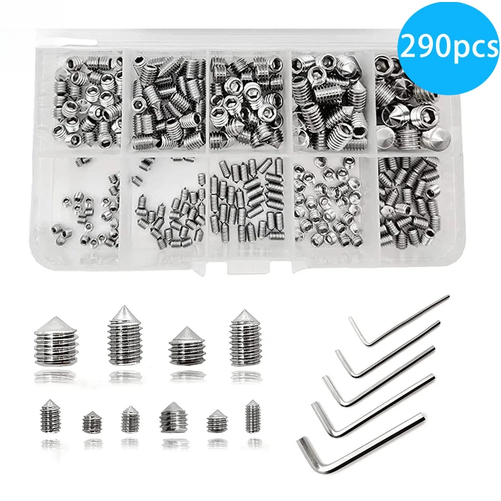 

290pcs 304 Stainless Steel Hex Socket Tip Set Screws M3 M4 M5 M6 M8 Grub Screws with Tapered End Durable Fasteners+5 Wrenches