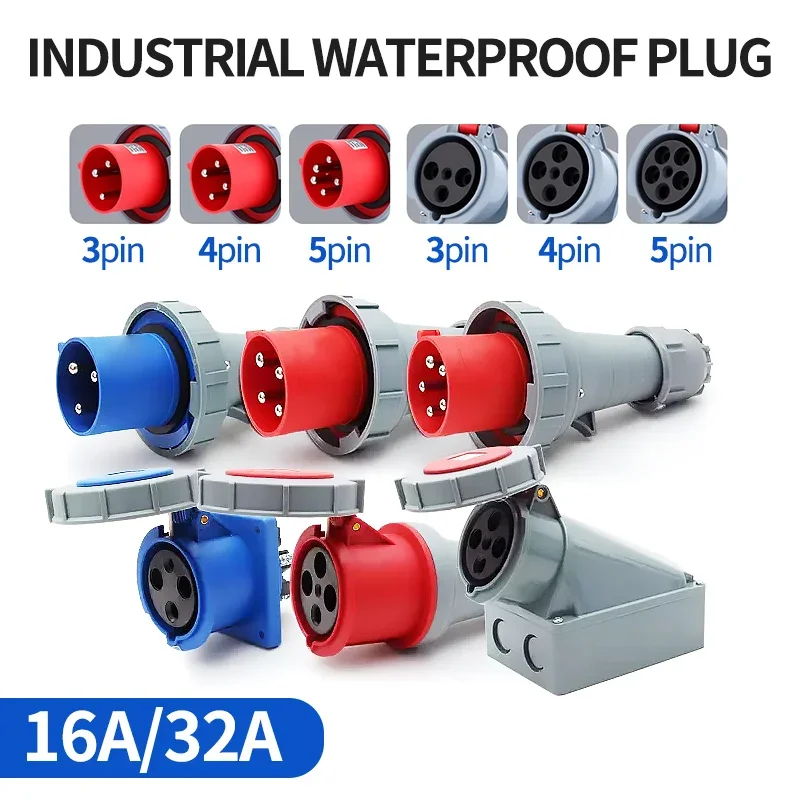 Industrial plug and socket waterproof connector 3PIN 4PIN 5PIN 16A/32A IP44 IP67  electrical connection wall mount socket