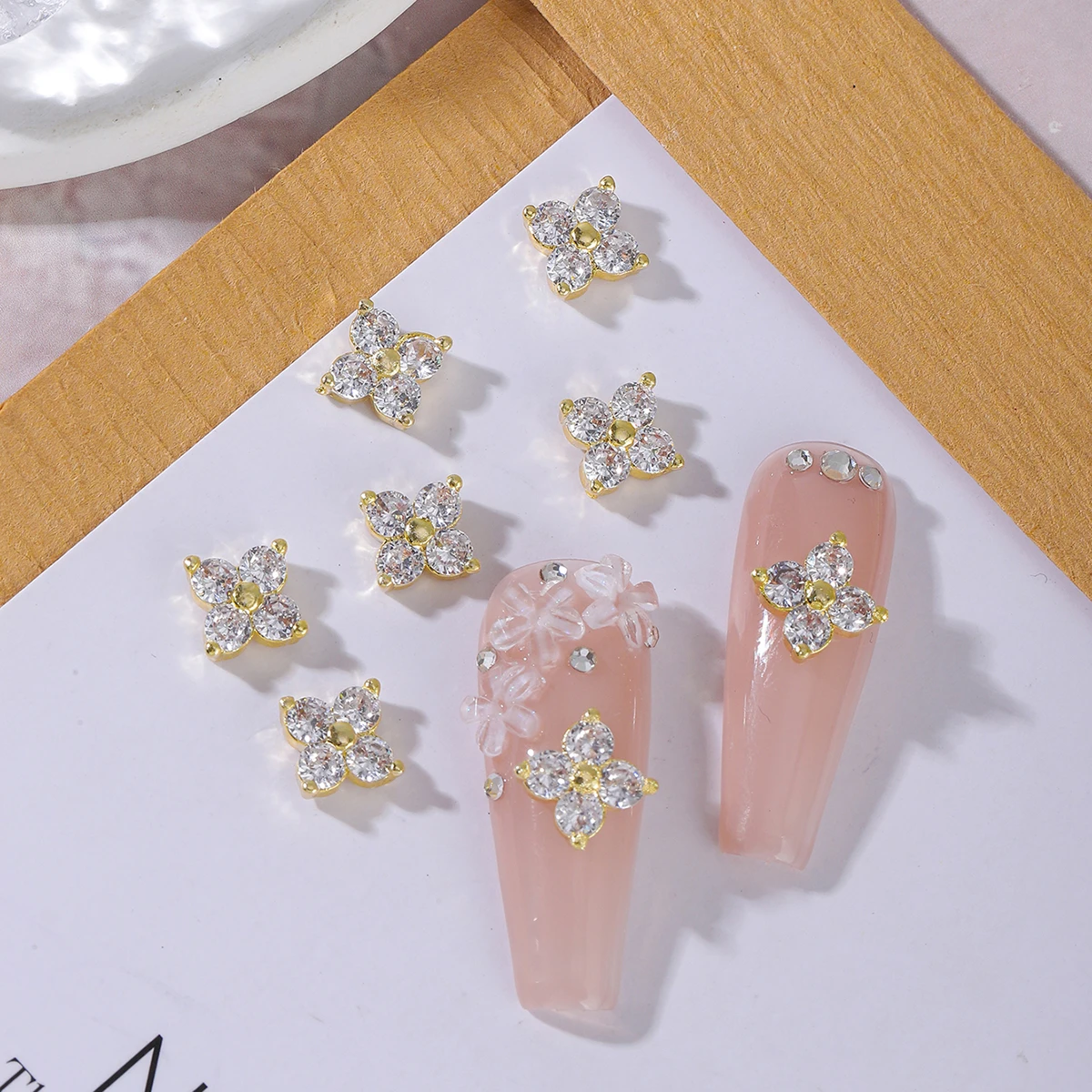 6 pcs Japanese Zircon nail light luxury wind with diamond color four-leaf clover copper with zirconium texture nail decoration