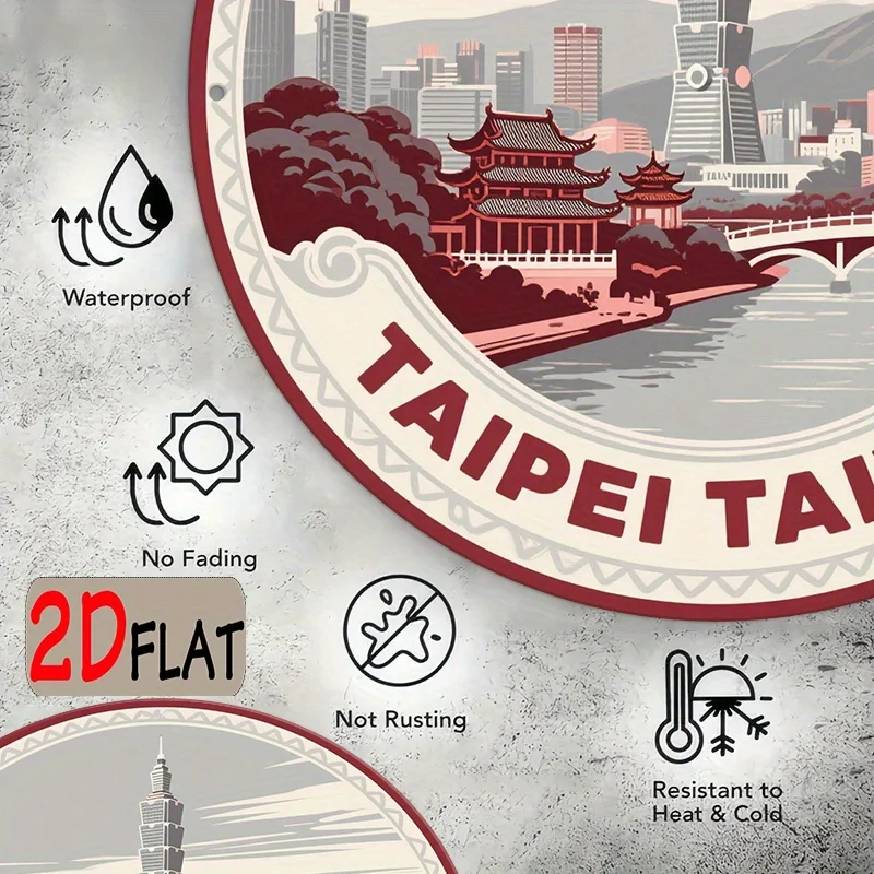 2D Flat - 2D/Flat, a Vintage Style Pattern of Taipei Cityscape, 7.87×7.87 inch Logo, Aluminum Round Outdoor Sign, Blending Moder