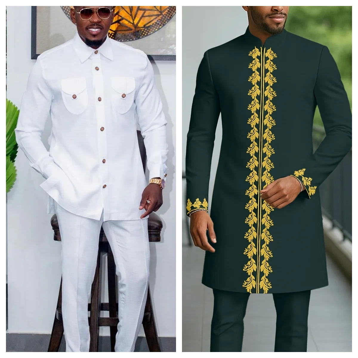 New Men's Tenos Wedding 2-Piece Suit Waist Pants Shirt Solid Color Panel Long Sleeve Party African Ethnic Style Clothing (M-4XL)