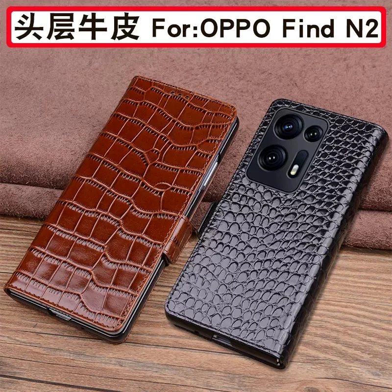 

Original Genuine Leather Phone Case for OPPO FIND N2 N Business Luxury Crocodile Grids Litchi Pattern Magnetic Cover for FindN2