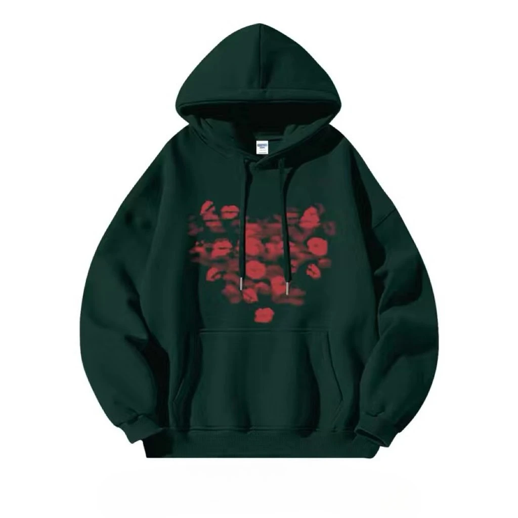 Autumn Winter Hooded Sweatshirt Silver Fox Fleece Lip Print Hoodie Streetwear Couples Warm Pullover Outerwear