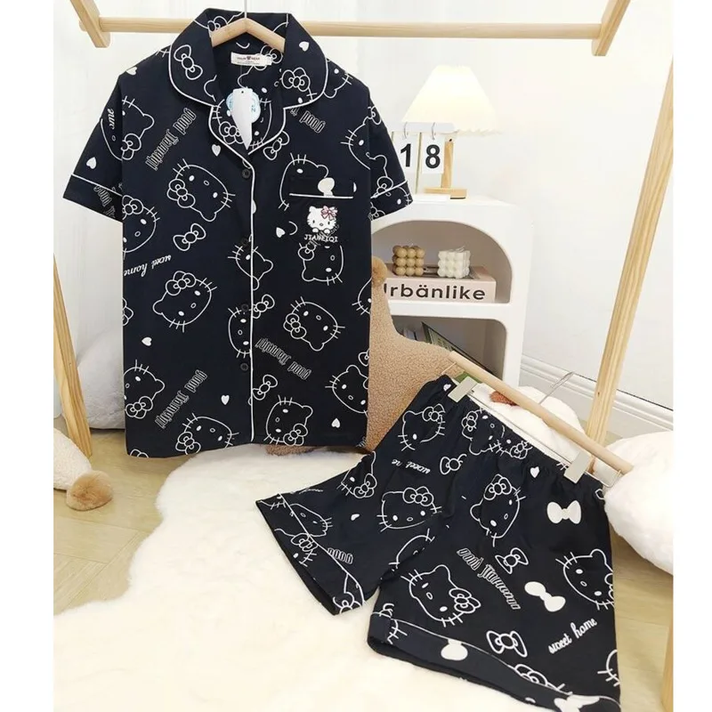 New Sanrio Hello Kitty Black Pajamas Sets For Women Summer Cute Short Sleeved Sleepwear korean fashion 2 Piece Home Suit Clothes