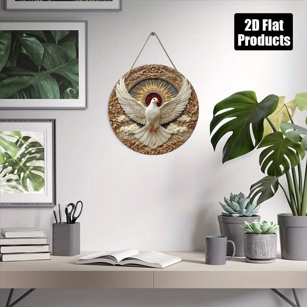 2D Flat Printing, 1pc, White Dove, Center, Decorative Theme Round Wooden Sign Hanging Plaque Wall Decoration, for Home Kitchen,
