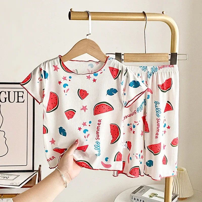 New 2024 Boys Girls Cute Cartoon Short Sleeve T-Shirt Tops + Pants Kids Summer Thin Ice Silk Clothing Sets Baby Casual Pajamas