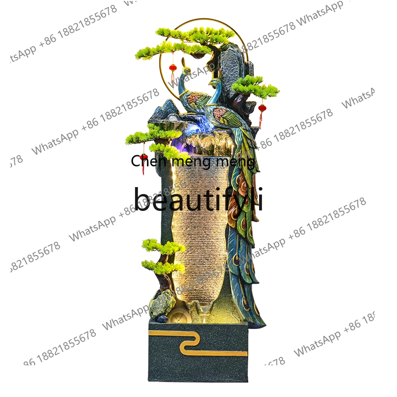 Peacock flowing water ornament circulating water living room, office feng shui wheel lucky landing landscape