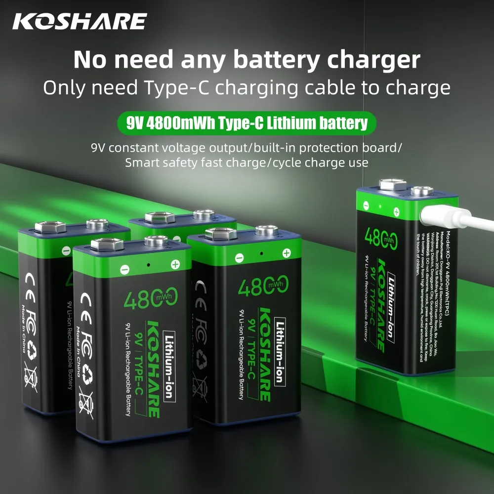 KOSHARE USB 9V Rechargeable Battery 1100mAh Type-C Rechargeable 6F22 9V Li-ion Battery for RC Helicopeter Model Multimeter Toy