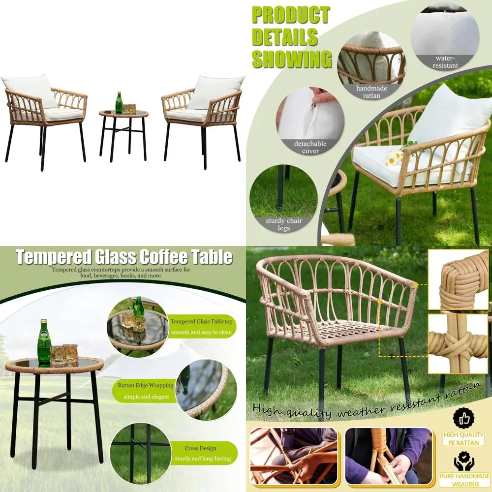 3-teiliges böhmisches Outdoor-Rattan-Terrassenmöbel-Set mit Korbstühlen und Couchtisch