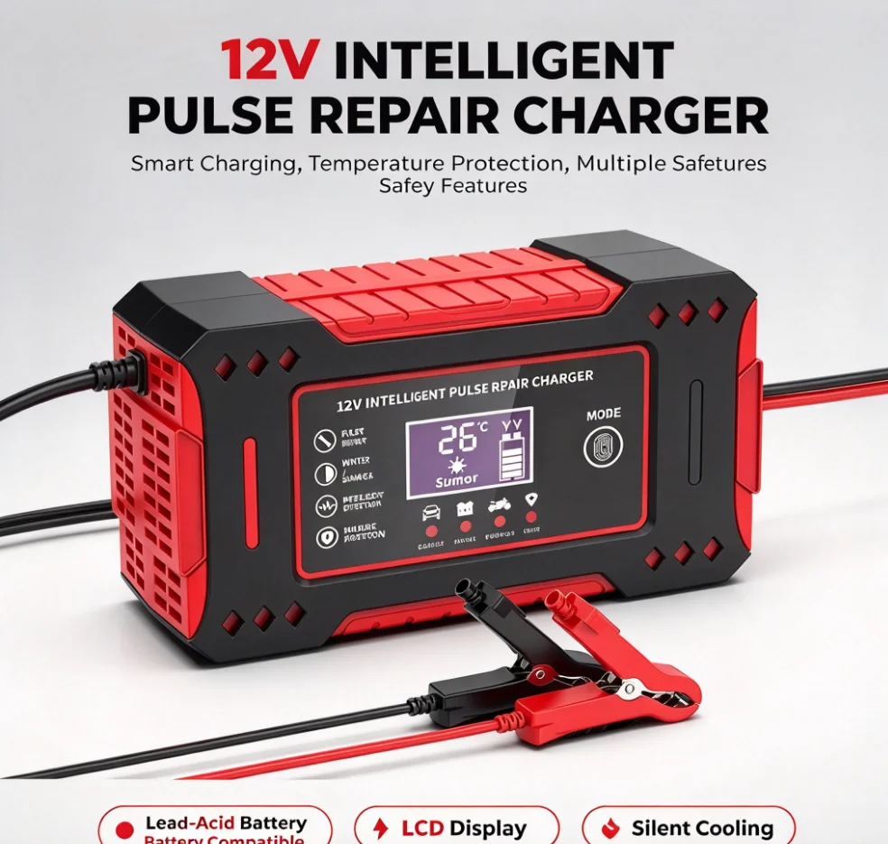 Car and Motorcycle Battery Charger, 6A 12V Intelligent Lead-Acid Battery Charging and Repair Unit with LCD Display